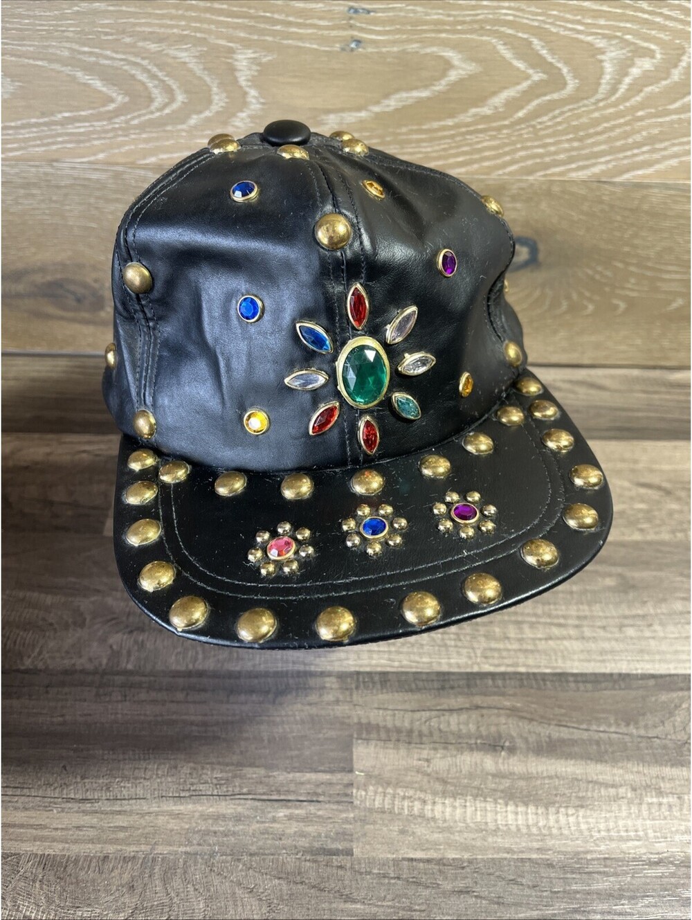 Vintage 80s Black Leather Jeweled Studded Hat Made in USA – Glam Rock Biker